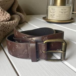 Vans Espresso Brown Leather Embossed fly Belt, antique brass hardware size L